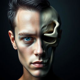 A striking, artistic portrait featuring a person with half of their face in human form and the other half as a detailed, realistic skeleton