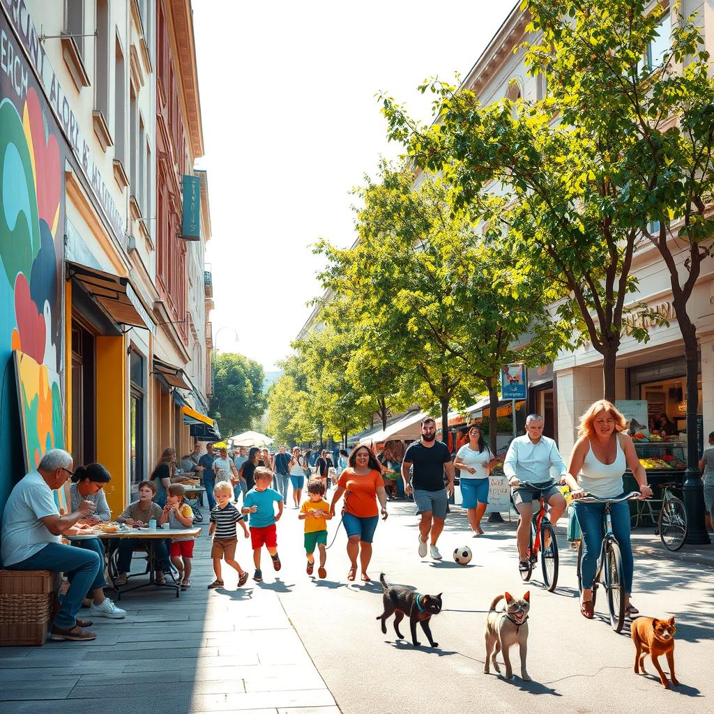 A vibrant street scene showcasing various activities