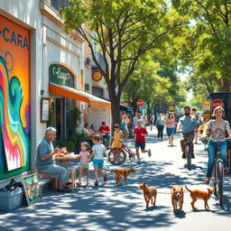 A vibrant street scene showcasing various activities