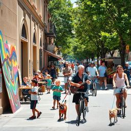 A vibrant street scene showcasing various activities