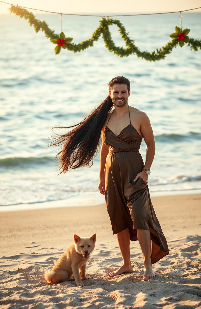 A beautiful girl wearing a chocolate silk dress, standing on a sandy beach with a handsome guy in stylish beach clothes beside her