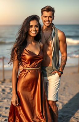 A beautiful girl wearing a chocolate silk dress, standing on a sandy beach with a handsome guy in stylish beach clothes beside her