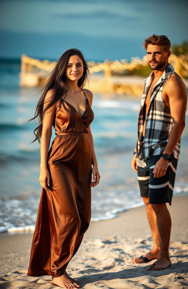 A beautiful girl wearing a chocolate silk dress, standing on a sandy beach with a handsome guy in stylish beach clothes beside her