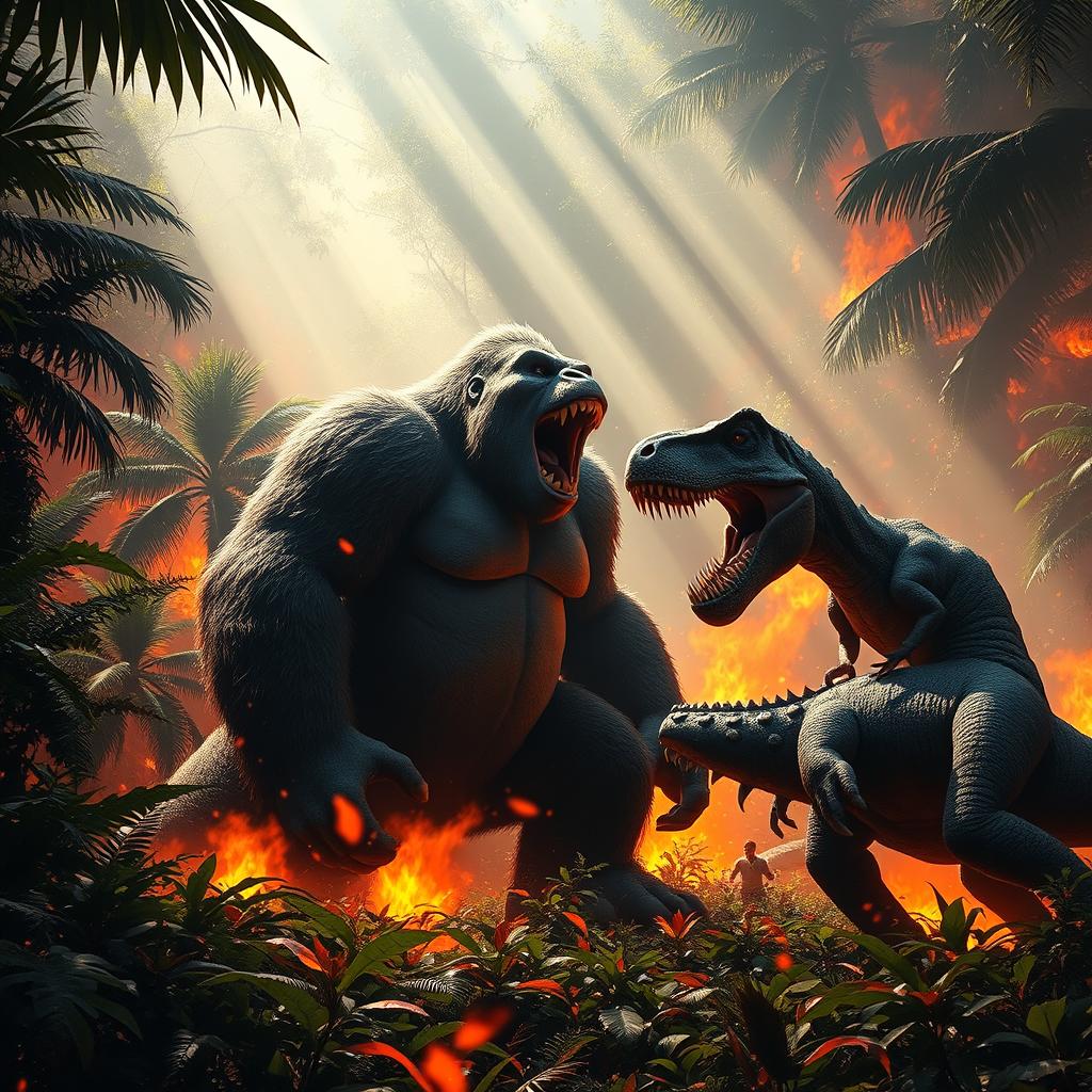 A massive Kong stands in a jungle clearing engulfed in flames, roaring fiercely as a charging T-Rex advances towards him