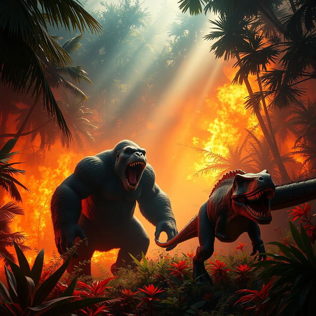 A massive Kong stands in a jungle clearing engulfed in flames, roaring fiercely as a charging T-Rex advances towards him