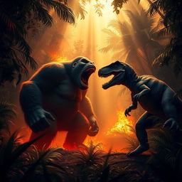 A massive Kong stands in a jungle clearing engulfed in flames, roaring fiercely as a charging T-Rex advances towards him