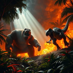A massive Kong stands in a jungle clearing engulfed in flames, roaring fiercely as a charging T-Rex advances towards him