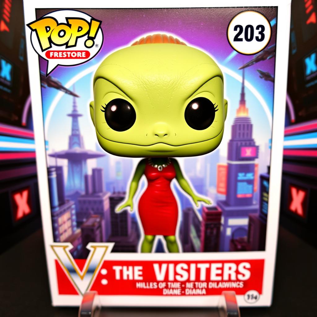 A vibrant and dynamic trading card featuring a Funko Pop figure of Diana from the TV series 'V: The Visitors'