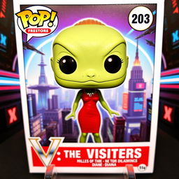 A vibrant and dynamic trading card featuring a Funko Pop figure of Diana from the TV series 'V: The Visitors'