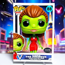 A vibrant and dynamic trading card featuring a Funko Pop figure of Diana from the TV series 'V: The Visitors'