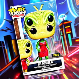 A vibrant and dynamic trading card featuring a Funko Pop figure of Diana from the TV series 'V: The Visitors'