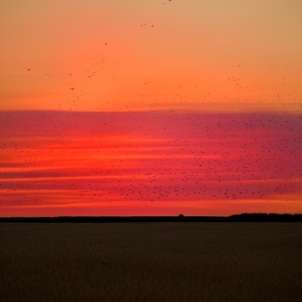 A serene sunset over a wheat field with the silhouettes of birds in flight supporting a crimson and gold skyline.