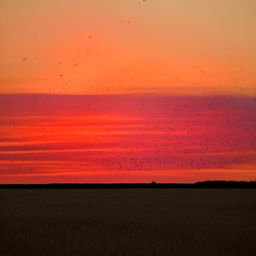 A serene sunset over a wheat field with the silhouettes of birds in flight supporting a crimson and gold skyline.