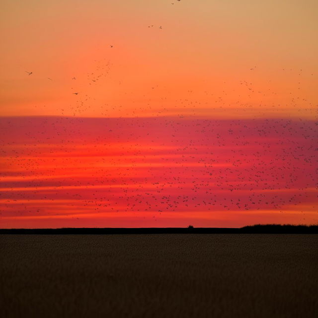 A serene sunset over a wheat field with the silhouettes of birds in flight supporting a crimson and gold skyline.