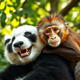 A heartwarming scene featuring a panda with a joyful expression and immense happiness on its face, comfortably resting its head against a monkey's shoulder