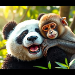 A heartwarming scene featuring a panda with a joyful expression and immense happiness on its face, comfortably resting its head against a monkey's shoulder