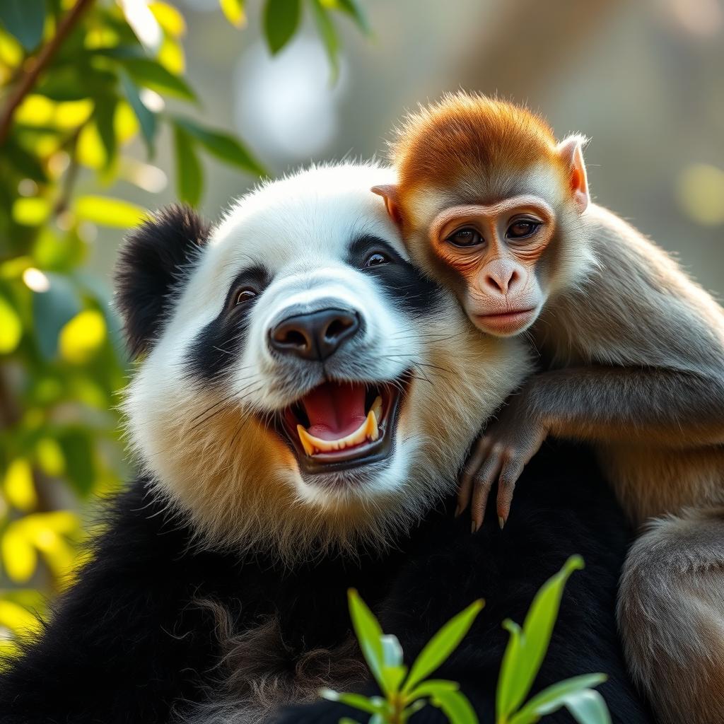 A heartwarming scene featuring a panda with a joyful expression and immense happiness on its face, comfortably resting its head against a monkey's shoulder