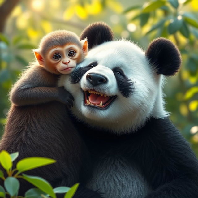 A heartwarming scene featuring a panda with a joyful expression and immense happiness on its face, comfortably resting its head against a monkey's shoulder