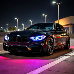 A sleek BMW M3 G83 in a shiny black metallic finish, parked under a starry night sky