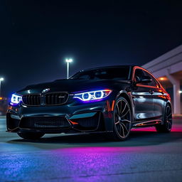 A sleek BMW M3 G83 in a shiny black metallic finish, parked under a starry night sky