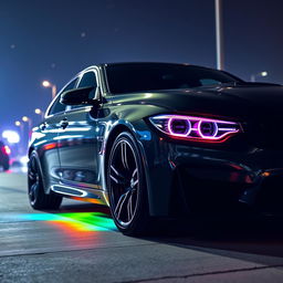 A sleek BMW M3 G83 in a shiny black metallic finish, parked under a starry night sky