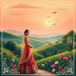 A beautiful landscape scene inspired by traditional Indian art and culture, featuring lush greenery, rolling hills, and vibrant flowers