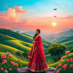 A beautiful landscape scene inspired by traditional Indian art and culture, featuring lush greenery, rolling hills, and vibrant flowers