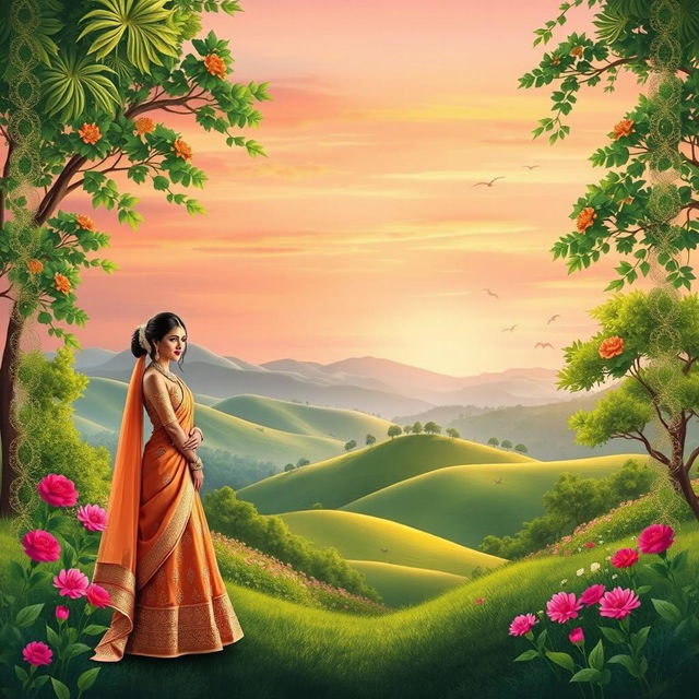 A beautiful landscape scene inspired by traditional Indian art and culture, featuring lush greenery, rolling hills, and vibrant flowers