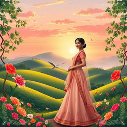 A beautiful landscape scene inspired by traditional Indian art and culture, featuring lush greenery, rolling hills, and vibrant flowers