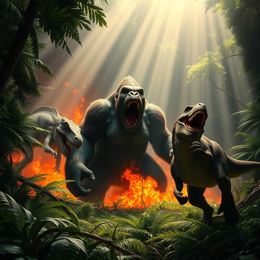 A massive Kong stands defiantly in a jungle clearing ablaze with fire, roaring loudly as a charging T-Rex rushes toward him