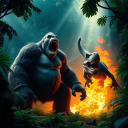 A massive Kong stands defiantly in a jungle clearing ablaze with fire, roaring loudly as a charging T-Rex rushes toward him