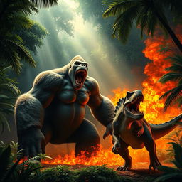 A massive Kong stands defiantly in a jungle clearing ablaze with fire, roaring loudly as a charging T-Rex rushes toward him