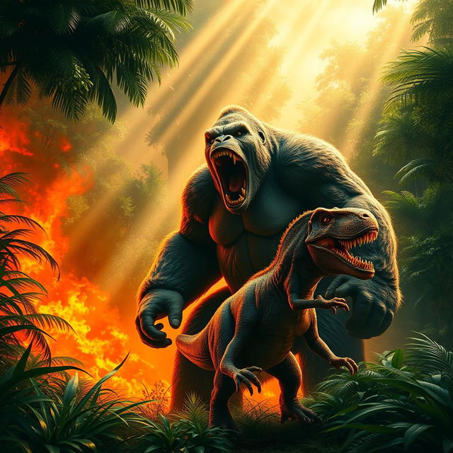 A massive Kong stands defiantly in a jungle clearing ablaze with fire, roaring loudly as a charging T-Rex rushes toward him