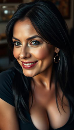 A close-up portrait of a glamorous 40-year-old woman with striking black hair, exuding confidence and allure