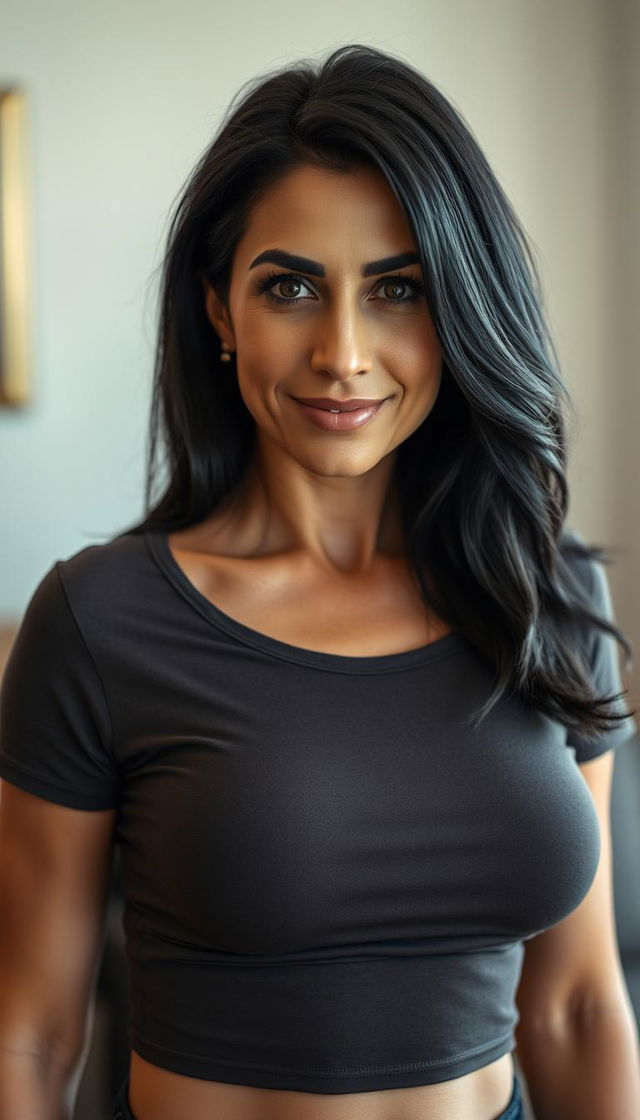 A close-up portrait of a glamorous 40-year-old woman with striking black hair, exuding confidence and allure