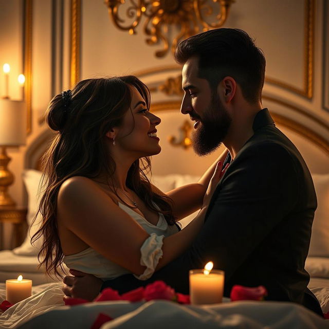 A romantic scene in a dimly lit bedroom, featuring a couple seated on a bed