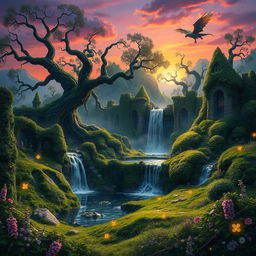 An enchanting fantasy landscape capturing the essence of 'Le Secret des Terres Perdues'