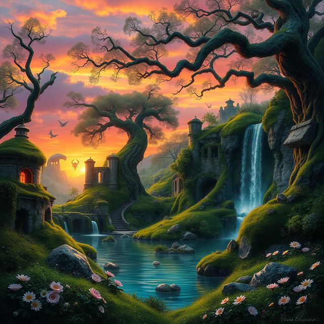 An enchanting fantasy landscape capturing the essence of 'Le Secret des Terres Perdues'