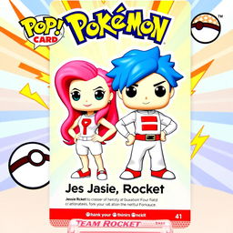 A vibrant and colorful trading card featuring Funko Pop designs of Jessie and James from Team Rocket