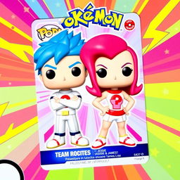 A vibrant and colorful trading card featuring Funko Pop designs of Jessie and James from Team Rocket