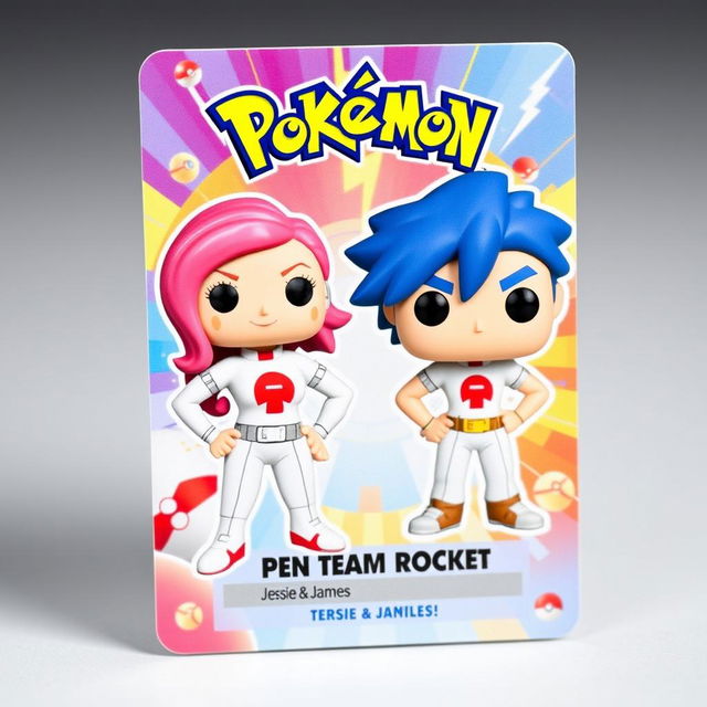 A vibrant and colorful trading card featuring Funko Pop designs of Jessie and James from Team Rocket