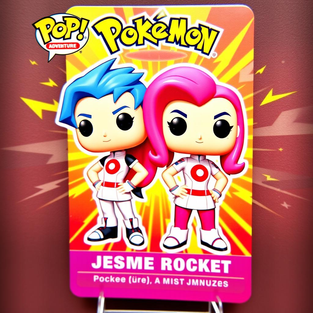 A vibrant and colorful trading card featuring Funko Pop designs of Jessie and James from Team Rocket