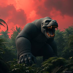 A hybrid Kong, featuring unique scaly skin and sharp dinosaur teeth, powerfully strides through a dense jungle, causing the ground to shake with each of its massive steps