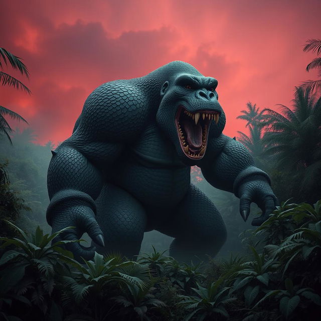 A hybrid Kong, featuring unique scaly skin and sharp dinosaur teeth, powerfully strides through a dense jungle, causing the ground to shake with each of its massive steps