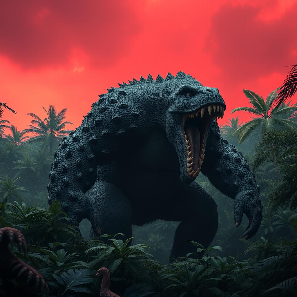 A hybrid Kong, featuring unique scaly skin and sharp dinosaur teeth, powerfully strides through a dense jungle, causing the ground to shake with each of its massive steps