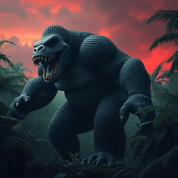 A hybrid Kong, featuring unique scaly skin and sharp dinosaur teeth, powerfully strides through a dense jungle, causing the ground to shake with each of its massive steps