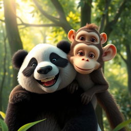 A playful scene featuring a panda and a monkey