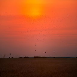 A serene sunset over a wheat field with the silhouettes of birds in flight supporting a crimson and gold skyline.