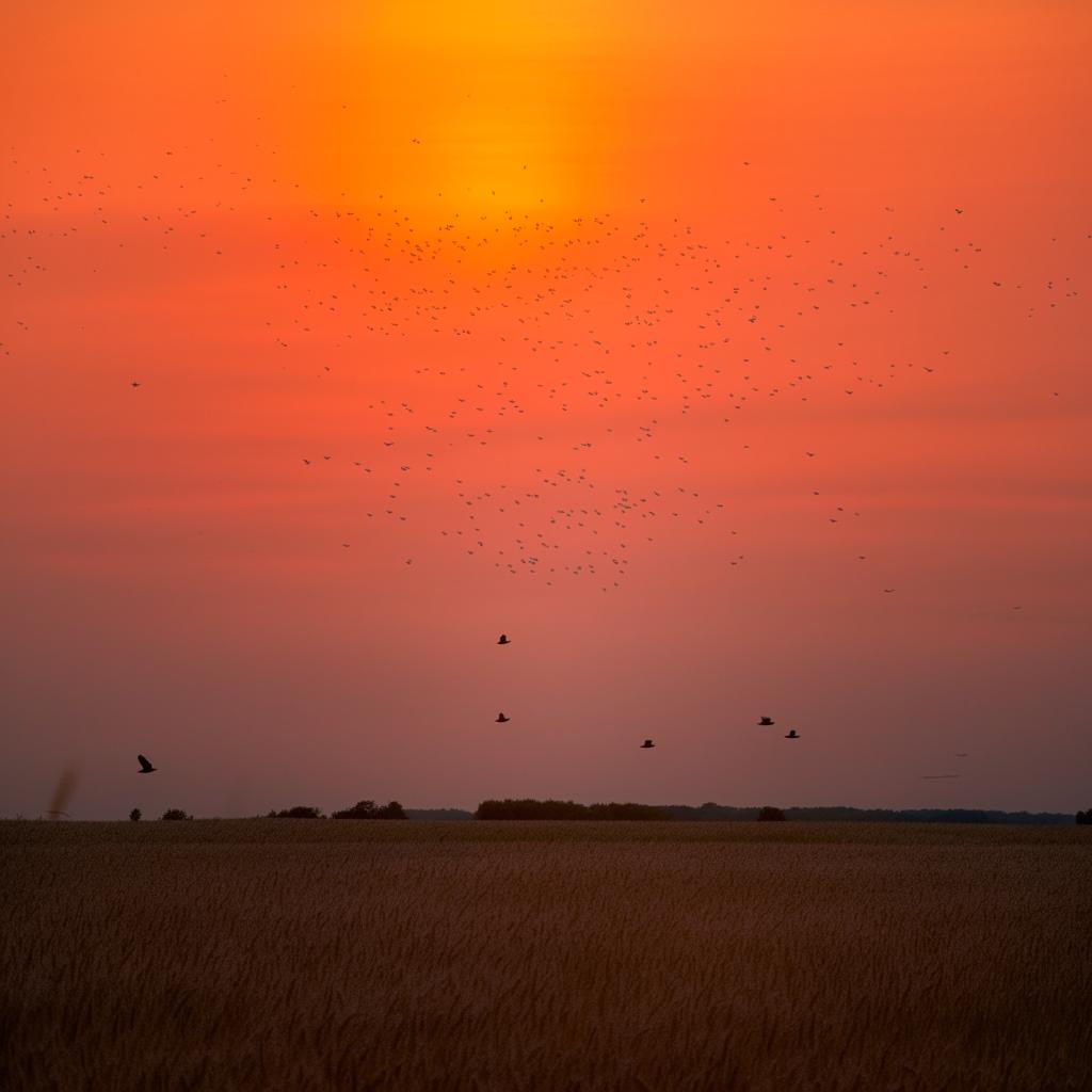 A serene sunset over a wheat field with the silhouettes of birds in flight supporting a crimson and gold skyline.