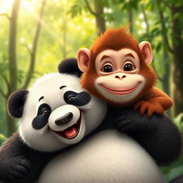 A playful scene featuring a panda and a monkey